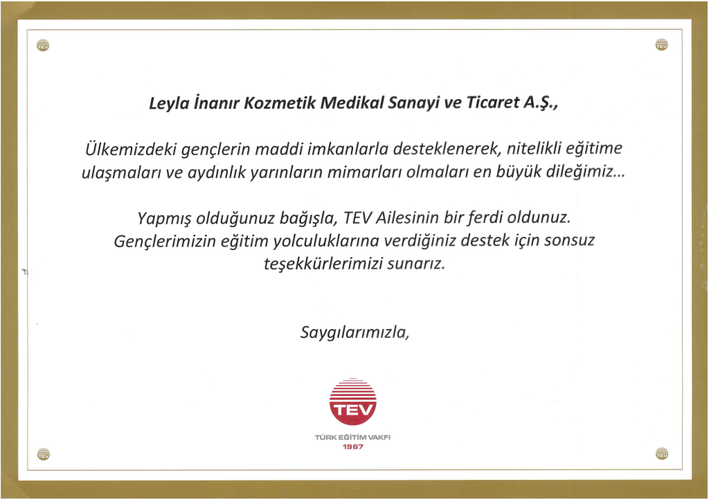 TEV teşekkür belgesi